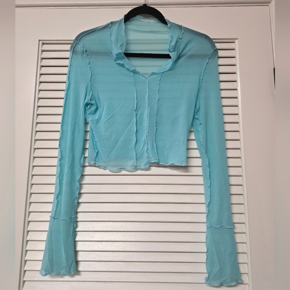 Blue Crop Sheer Lightweight  Long-Sleeve Top With Ruffles